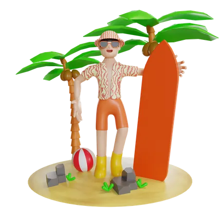 Homem se divertindo na ilha segurando uma prancha de surf  3D Illustration