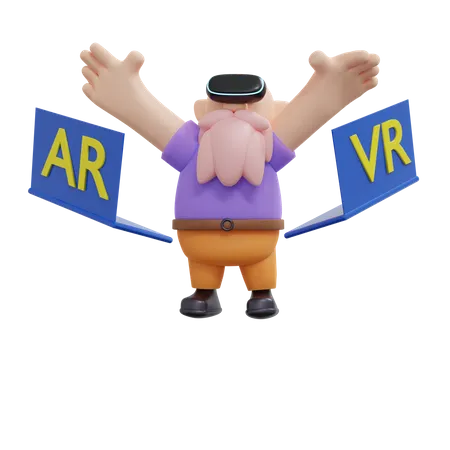 Homem se divertindo sozinho usando fone de ouvido VR com dois laptops voadores  3D Illustration