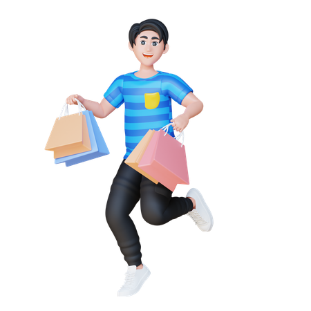 Homem dançando com sacola de compras  3D Illustration