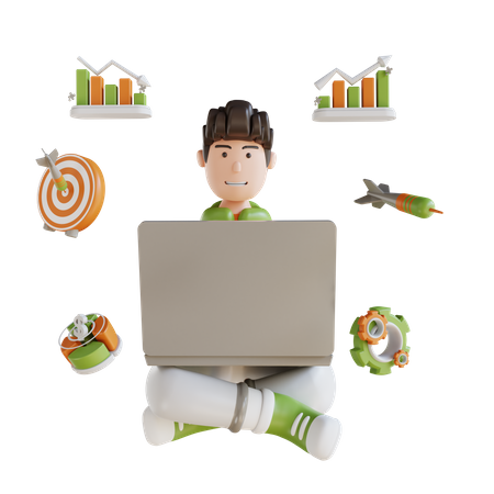 Homem de negócios sentado com aparência de laptop  3D Illustration