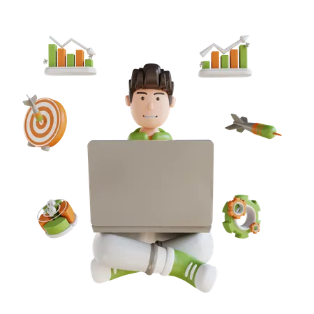 Homem de negócios sentado com aparência de laptop  3D Illustration