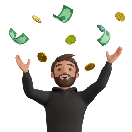 Um Homem Com Um Capuz Preto Regozijando Se Com O Dinheiro Que Esta Chegando Ilustracao De Renderizacao 3 D 3D Illustration