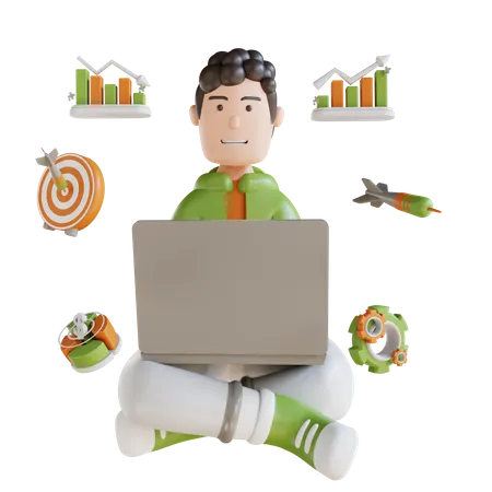 Homem De Negocios De Ilustracao 3 D Sentado Com Aparencia De Laptop 3D Illustration