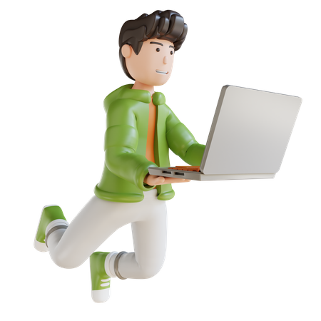 Homem de negócios voando segurando laptop  3D Illustration