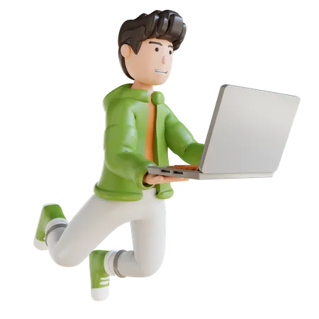 Homem De Negocios De Ilustracao 3 D Voando Segurando Laptop 3D Illustration