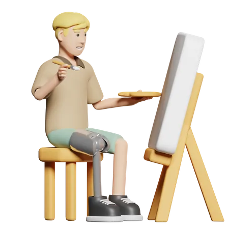 Homem com deficiência pintando em tela  3D Illustration