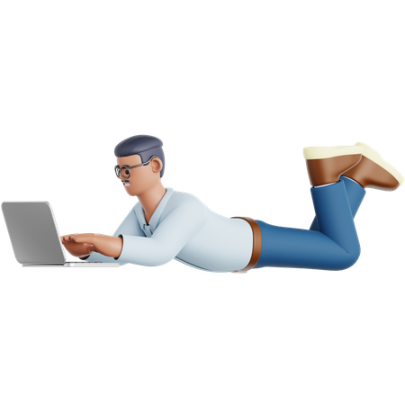 Homem deitado e usando laptop  3D Illustration