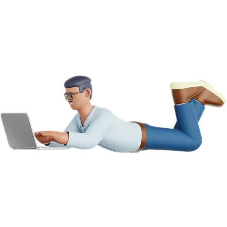 Homem deitado e usando laptop  3D Illustration