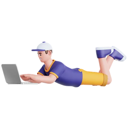 Homem deitado e usando laptop  3D Illustration