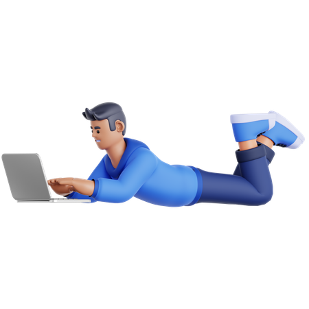 Homem deitado e usando laptop  3D Illustration