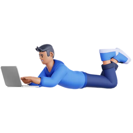 Homem deitado e usando laptop  3D Illustration