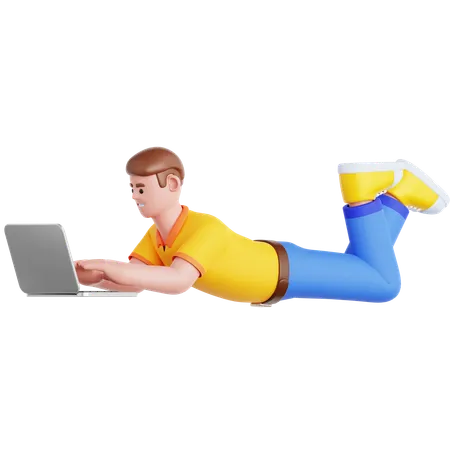 Homem deitado e usando laptop  3D Illustration