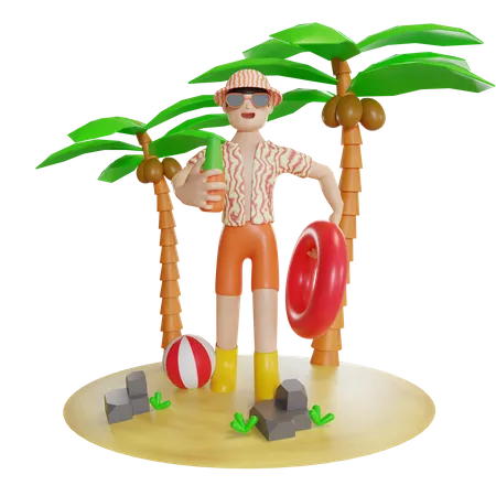 Homem se divertindo na ilha segurando um tubo de natação  3D Illustration
