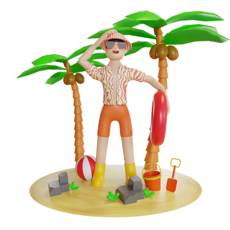 Homem se divertindo na ilha segurando um tubo de natação  3D Illustration