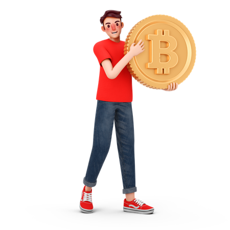 Homem segura bitcoin  3D Illustration