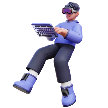 Homem digitando no teclado virtual  3D Illustration