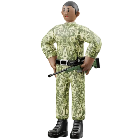 Homem do exército em pé e segurando uma arma  3D Illustration