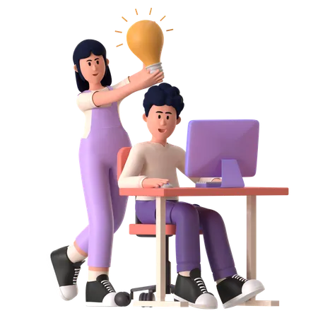 Homem e menina tendo uma ideia de brainstorming  3D Illustration