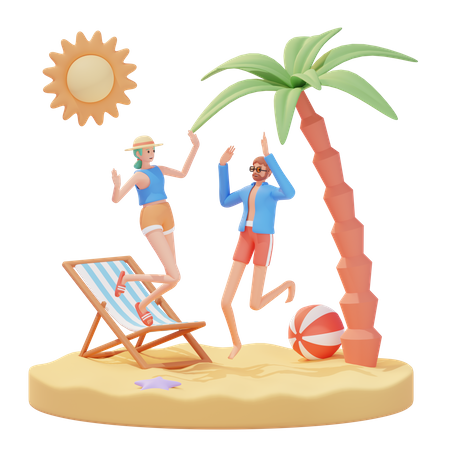 Homem e mulher felizes aproveitando as férias de verão na praia  3D Illustration