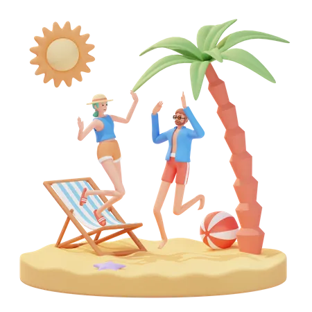 Homem e mulher felizes aproveitando as férias de verão na praia  3D Illustration