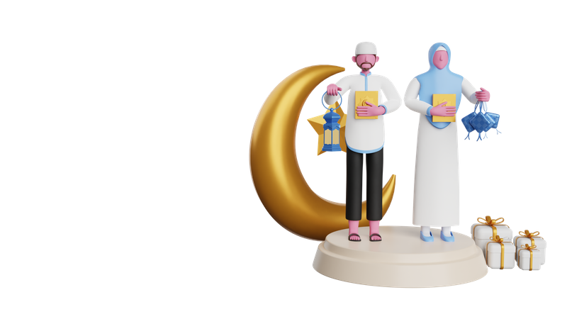 Homem muçulmano e mulher dando presentes do Ramadã  3D Illustration