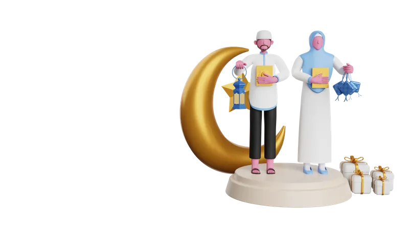 Homem muçulmano e mulher dando presentes do Ramadã  3D Illustration