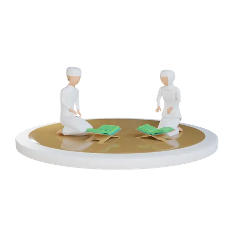 Homem e mulher muçulmanos leem o Alcorão  3D Illustration
