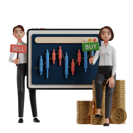 Homem e mulher segurando conselhos de investimento comercial de compra e venda  3D Icon