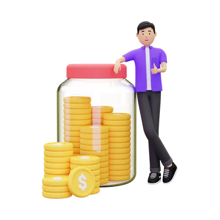 Homem economizando dinheiro em jarra  3D Illustration