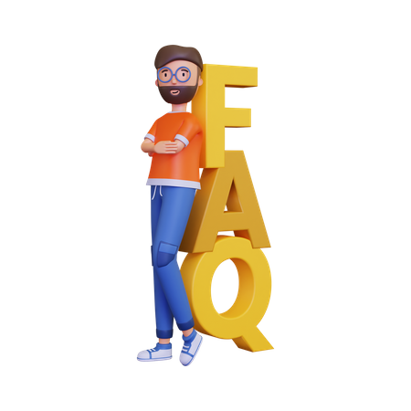 Homem parado atrás de perguntas frequentes  3D Illustration