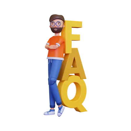 Homem parado atrás de perguntas frequentes  3D Illustration