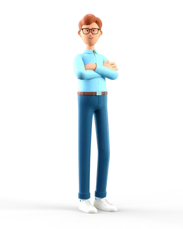 Ilustracao 3 D De Um Homem Em Pe Com Os Bracos Cruzados Retrato De Personagem Masculino Sorridente De Desenho Animado Com Oculos 3D Illustration