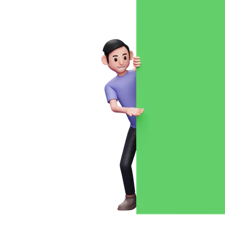Ilustracao De Personagem 3 D Homem Casual Espiando Mostrando Algo Em Um Banner De Tela Verde Enrolado 3D Illustration