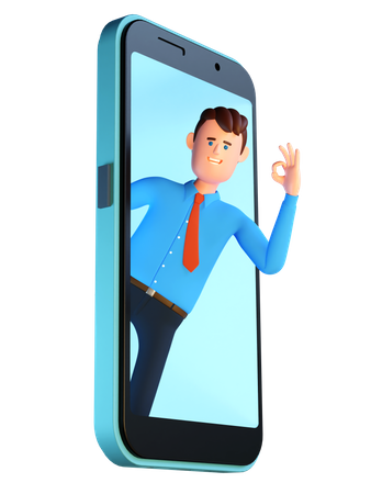 Homem espiando pela tela do smartphone com gesto ok  3D Illustration