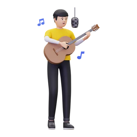 Homem está cantando uma música enquanto toca violão  3D Illustration