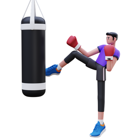 Homem está praticando Kick Boxing  3D Illustration