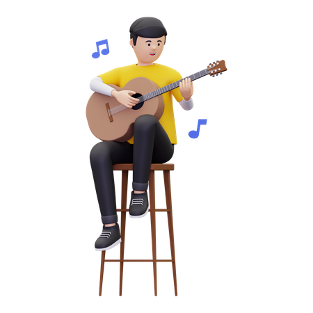 Homem está sentado em uma cadeira enquanto toca violão  3D Illustration