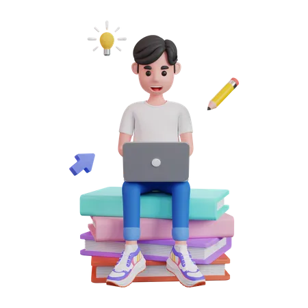 Homem estudando no laptop enquanto está sentado sobre livros  3D Illustration