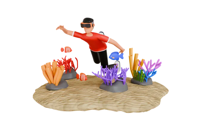 Homem experimentando passeio virtual pelo mar  3D Illustration