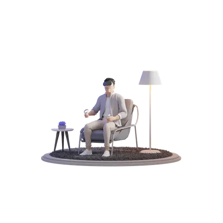 Homem explorando VR na cadeira  3D Illustration