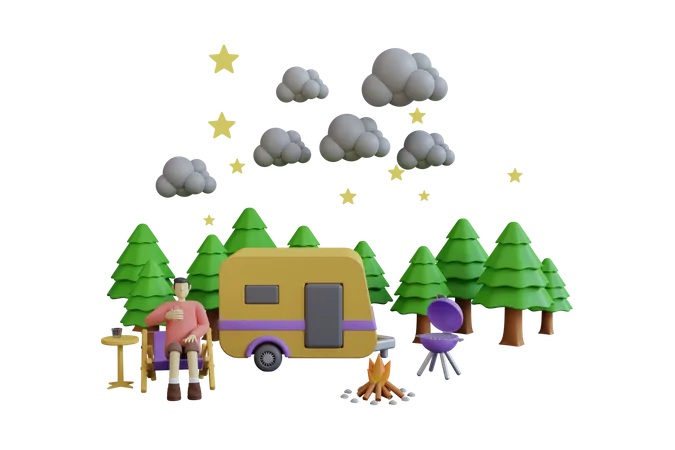 Um Motorhome Amarelo Em Uma Floresta De Pinheiros Cercado Por Nuvens E Estrelas Viagem E Camping Concept 3 D Render 3D Illustration