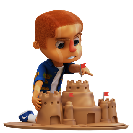 Homem fazendo castelo de areia na praia  3D Illustration