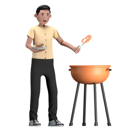 Homem fazendo churrasco na churrasqueira  3D Illustration