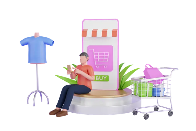Homem fazendo compras on-line no aplicativo móvel  3D Illustration