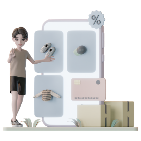 Homem fazendo compras usando aplicativo de comércio eletrônico  3D Illustration