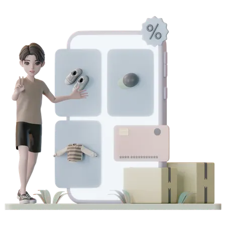Homem fazendo compras usando aplicativo de comércio eletrônico  3D Illustration
