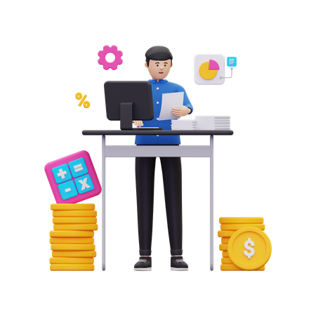 Homem fazendo contabilidade on-line  3D Illustration