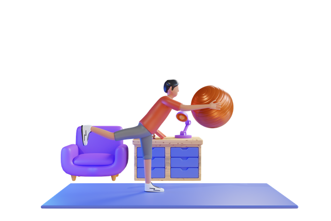 Homem faz exercício com bola de ginástica  3D Illustration