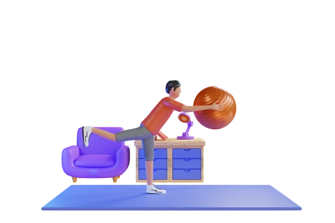Homem faz exercício com bola de ginástica  3D Illustration