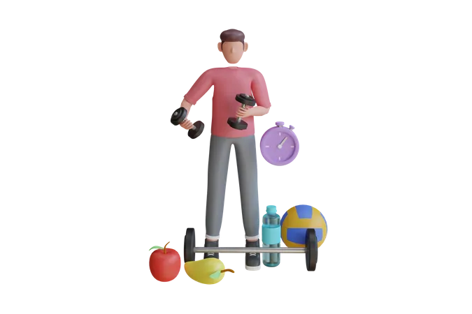 Homem Faz Exercicios Com Halteres Em Casa Aconchegante Exercicio Cardiovascular Exercicio Fisico Renderizacao 3 D 3D Illustration